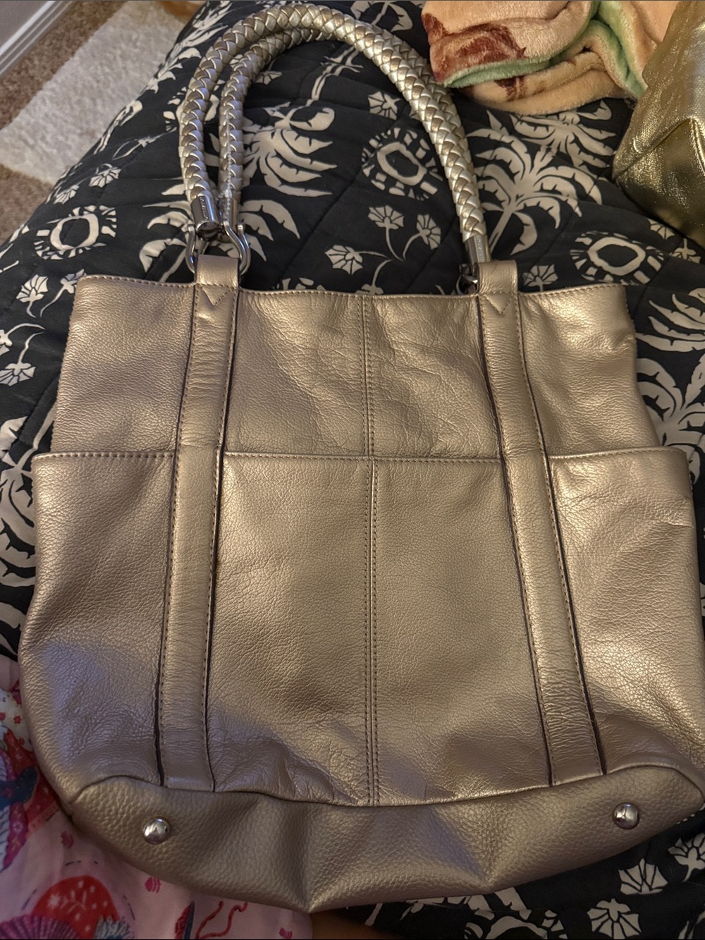 Tignanello Metallic Taupe Braided-Handle Leather Tote